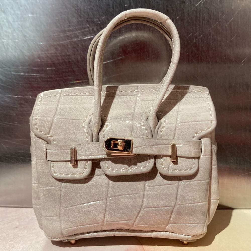 🐊👜Handmade Mini Pale Grey Faux-Crocodile Birkin AirPods Tote Bag Charm Miniature